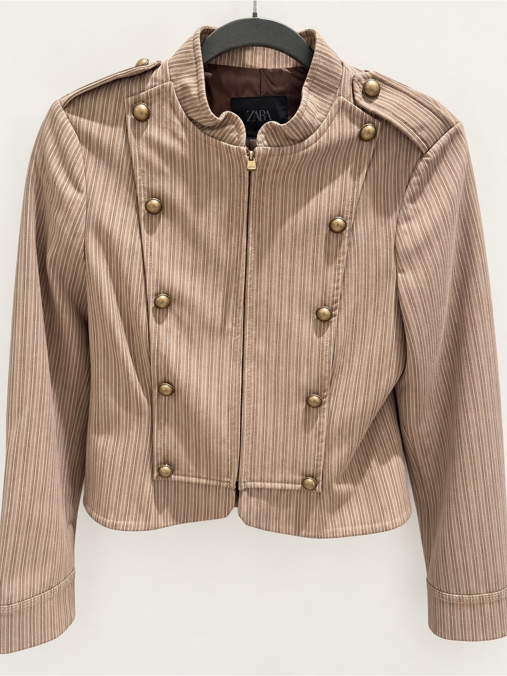 ZARA Striped Military Cropped Jacket Brass Buttons Size M